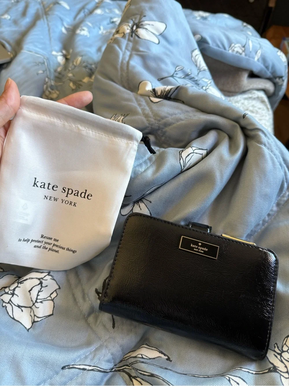 kate spade Black Patent Leather Zip-Around Wallet with Gold Hardware